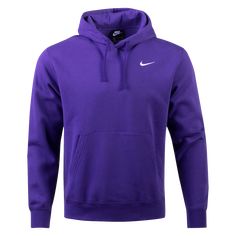 Nike Club Hoodie. For comfort and style. Made with soft fleece for maximum warmth with minimal bulk. Includes adjustable hood. Pockets. Embroidered logo. 80/20 Cotton/polyester. Purple Nike Fleece, Purple Nike Sweatshirt, Nike Sweatshirts Purple, Purple Crew Neck Sports Hoodie, Nike Purple Crew Neck T-shirt, Nike Pullover Hoodie, Nike Sportswear Mens, Nike Pullover, Hoodies Men Pullover