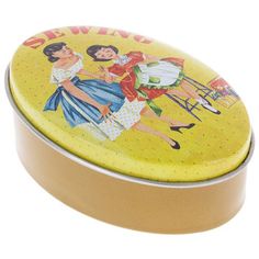 a yellow tin with an image of people on it