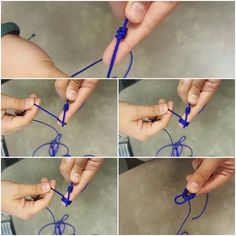 four pictures showing how to tie a knot with blue yarn and then tying the ends