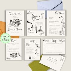 the wedding stationery is displayed with envelopes and cards