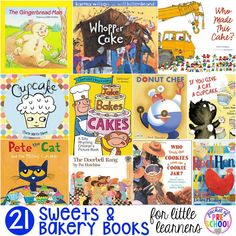 some children's books are shown with the title, 20 sweet and bakery books for kids