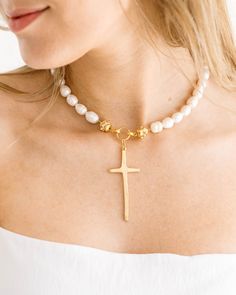 Susan's latest cross design is an elongated, handmade depiction symbolizing far reaching love. Pearl Cross Necklace, Pearl Necklace Designs, Meaningful Jewelry, Cross Design, 24kt Gold, Pearl Gemstone, Cross Designs, Cleaning Jewelry, Gold Beads