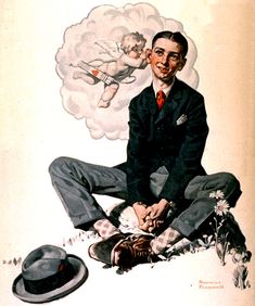 a man sitting on the ground next to a hat with an angel above him,