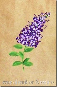 a painting of purple flowers with green leaves on a brown paper background that says, natural maker & more