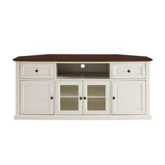 a white entertainment center with two doors and drawers on one side, an open shelf for the