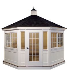 a white gazebo with windows on the top and side walls, in front of a white background