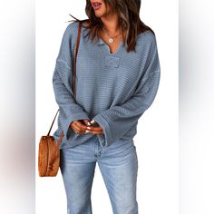 Dusk Blue Waffle Knit Loose Long Sleeve Top This Long Sleeve Top Is Famous For Its Waffle Knit Texture Split V Neck, Drop Shoulder, Wide Sleeves And Relaxed Fit Silhouette This Waffle Knit Top Is Lightweight And Comfy For A Casual Daily Wear Suitable For Different Ages And Different Shapes Brand New In Packaging Blue Waffle Knit Top For Fall, Dusk Blue, Knit Texture, Loose Long Sleeve, Waffle Knit Top, Wide Sleeves, Different Shapes, Waffle Knit, Drop Shoulder