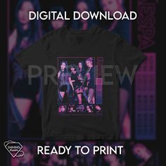 Black Kpop T-shirt With Graphic Design, Kpop Black T-shirt With Graphic Print, Kpop Fan Merchandise Graphic T-shirt, Pink Band Merch T-shirt With Custom Print, Dft Printing, Dtf Printing, Customise T Shirt, Types Of Printer, Design Digital