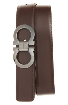 A charming double Gancio buckle secures a smart reversible belt crafted in Italy from premium calfskin leather. Style Name:Salvatore Ferragamo Reversible Leather Belt. Style Number: 5322715. Luxury Belts With Rectangular Buckle, Luxury Belts With Rectangular Buckle Closure, Designer Rectangular Buckle Belt For Business, Designer Rectangular Belt Buckle For Business, Modern Calf Leather Belt With Buckle Closure, Designer Brown Belt Buckles With Removable Belt, Luxury Business Belts With Buckle Closure, Luxury Brown Belt With Buckle Closure, Luxury Brown Belt For Formal Occasions