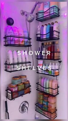 the shower shelf is filled with many different items