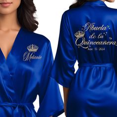 Step into your Quinceañera celebration in style with our Personalized Satin Quinceañera Robe. Crafted for your special day, this personalized Quinceañera robe exudes luxury and elegance. Ideal for getting ready moments and capturing unforgettable photos, it features beautiful glitter and regular text color options to match your Quinceañera party. Perfect for your Quince birthday, our personalized robe is a symbol of sophistication and grace as you embark on this milestone journey. Make your Mis Quinceañera Robes, Quinceanera Blue, Royal Blue Quince, Charro Quince, Blue Quince, Custom Robes, Quinceanera Dresses Blue, Personalized Robe, Quinceanera Party