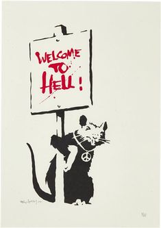 a black and white drawing of a cat holding a sign that says welcome to hell