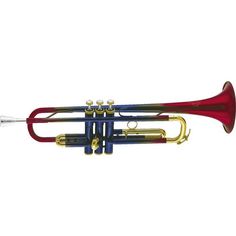 a red and blue trumpet on a white background