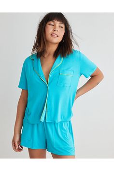 Real Soft® fabric (it's now Real Good!)/Button up/Front pocket (!!!)/Accessibility deets: lightweight fabric for comfort & air flow! Casual Button-up Sleepwear For Lounging, Green Buttoned Tops For Loungewear, Casual Sleepwear With Button Closure And Short Sleeves, Short Sleeve Sleepwear With Pockets For Lounging, Summer Blue Sleepwear With Button Closure, Short Sleeve Tops With Button Closure For Loungewear, Blue Button-up Sleepwear With Button Closure, Casual Button-up Sleep Tops, Short Sleeve Sleep Tops With Pockets