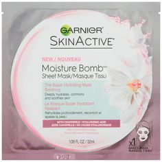 Garnier SkinActive Moisture Bomb Sheet Mask Super Hydrating Smoothing, deeply hydrates, comforts, and soothes skin. This water-based hydrating facial mask with chamomile and Hyaluronic Acid, an ingredient naturally found in skin, floods skin with intense weightless hydration. Free of mineral oil and parabens, this non-greasy formula with chamomile extract, provides a soothing burst of hydration and a fresher, softer, more radiant look. After one use, women agree that this facial mask leaves skin Obličejové Masky, Soothing Face Mask, Garnier Skinactive, Hydrating Sheet Mask, Face Sheet Mask, Garnier Skin Active, Skin Care Shopping, Sensitive Skin Care, Hydrating Serum