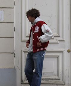 Letterman Jacket Mens Outfits, Red Letterman Jacket Outfit Men, Lettermen Jacket Outfit Men, Jock Outfits Men, Red And White Varsity Jacket Outfit, Jock Outfit Men, Red Letterman Jacket Outfit, College Jacket Outfit Men, Jock Aesthetic Outfit