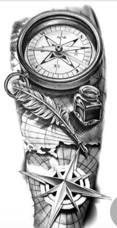 a black and white drawing of a compass, an ink pen and some other items