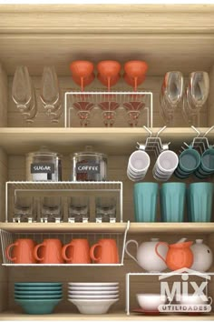 an open cabinet filled with dishes and cups