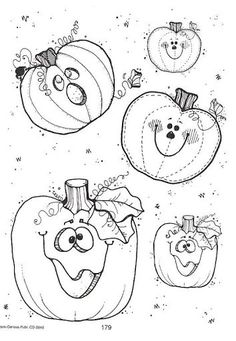 three pumpkins with faces drawn in the style of cartoon characters, one has an apple and