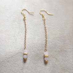 Light Pink Beads Gold Tone Setting & Chain Gold Tone Hooks Hooks Are Silver Marked (925) Come W/ Earring Backs New With Tag Pink Dangle Jewelry With Faceted Beads, Elegant Beaded Chain Earrings As Gift, Elegant Beaded Chain Earrings For Gift, Pink Jewelry With Adjustable Round Beads Chain, Adjustable Beaded Chain Earrings As Gift, Dainty Dangle Beaded Earrings, Rose Gold Jewelry With Dangling Beads For Gift, Dainty Dangling Beads Jewelry For Party, Delicate Pink Beaded Chain Jewelry