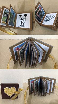 an open book with pictures on it and some ribbons around the pages, as well as a heart - shaped brochure