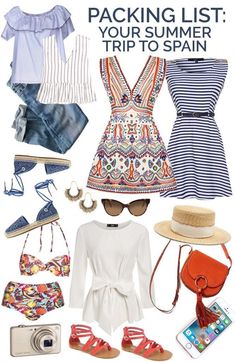 a woman's travel packing list for the summer trip to spain, including clothing and accessories