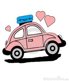 a pink car with luggage on the roof and hearts in the back ground, drawn by hand