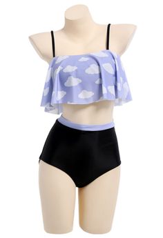 Pastel Haze Gothic Soft Girl Cloud Print Ruffled High Waist Two-Piece Swimsuit Ruffled Swim Dress For Beach Season, Gothic Swimsuit, Swag Clothes, Cloud Print, Swimsuit Trends, Swimsuits Outfits, Pastel Print, Purple Outfits, Gothic Clothing