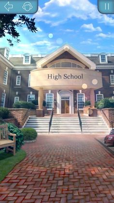 an image of a high school building with stairs leading up to the front door and two benches on either side