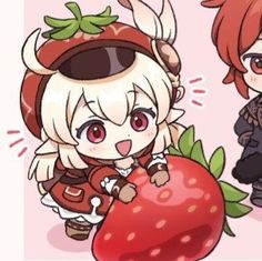 two anime characters are standing next to each other and one has a strawberry on it