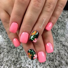 Acrylic Nails For Hawaii, Black Tropical Nails, Hawian Nails, Fabulous Nails Summer, Nails For Hawaii Vacation, Nails For Hawaii, Flowered Nails, Warm Nails, Hawiian Nails