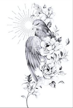 a black and white drawing of a bird with flowers