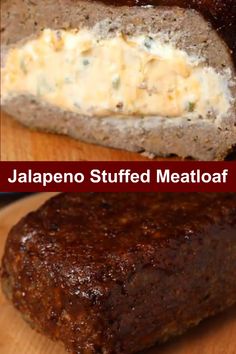 there is a meatloaf with cheese on it and the words jalapeno stuffed meatloaf