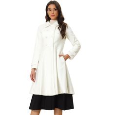 This coat features unique buttons, and the mid-thigh length hem drapes beautifully over a variety of different looks. This coat with a flat collar and A-line hem adds a feminine and elegant feel to your winter look. A good choice for winter and cold fall. No matter what look you slip it over, this winter coat adds a layer of warmth and finishes the refined, warm, and effortless day-to-night look. Long Dress Coat, Double Breasted Long Coat, Vintage Winter Coat, Belted Wrap Coat, Long Peacoat, Unique Buttons, Winter Overcoat, Long Overcoat, Winter Outwear