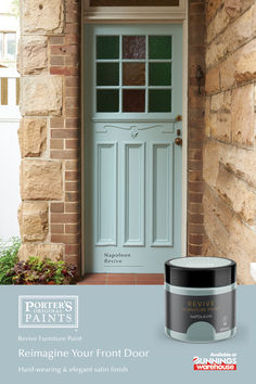 a blue door with the words painting your front door on it and an open paint can