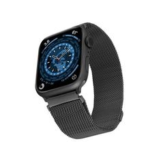 an apple watch with a black band and blue compass on the face, against a white background