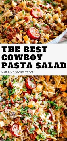 the best cowboy pasta salad is loaded with meat, cheese and vegetables