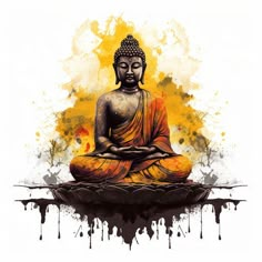 a buddha statue sitting on top of a piece of wood with paint splatters around it