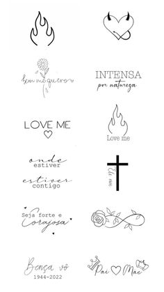 several different types of tattoos are shown in this drawing style, including the cross and heart