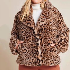 Brand New With Tags Nwt Anthropologie Felina Faux Fur Jacket Featuring Our Favorite Leopard Print, This Luxuriously Soft Faux Fur Jacket Is A Must-Have Style For All Your Cold Weather Adventures. Polyester Side Slant Pockets Snap Button Front Dry Clean Approximate Measurements Pit To Pit 21” Length 23” Fall Leopard Print Outerwear With Faux Fur Trim, Chic Leopard Print Winter Outerwear, Chic Leopard Print Outerwear For Fall, Chic Leopard Print Long Sleeve Outerwear, Winter Workwear Outerwear In Leopard Print, Patchwork Kimono, Boho Poncho, Plaid Capes, Embellished Denim Jacket