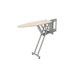 an ironing board on top of a metal stand with a white cover over it