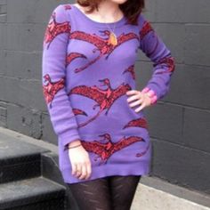 Super Cute And Rare Vintage Betsey Johnson Pterodactyl Dinosaur Sweater Knit Dress. Really Soft Quality - Not Itchy At All. A Little Pilling And A Snag On Lower Back And One Small Hole (Not See-Through) On Lower Front (See Photos) But Overall Still In Great Condition For Being 30+ Years Old! Color Is Purple Which Is Best Represented In First Photo Or Last 2 Photos 80% Cotton 20% Wool Chest: 35" Length: 30" Questions? Leave A Comment Below! 1980s Halloween, 80’s Punk, Punk Sweater, 30 Questions, Dinosaur Sweater, Vintage Betsey Johnson, Time Warp, Betsey Johnson Dresses, 30 Years Old