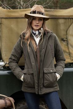 Stamford Country Coat (Khaki) Holland Cooper Coats, Holland And Cooper Equestrian, Brown Cotton Hunting Outerwear, Countryside Outfit, Rain Parka, Lydia Millen, Couples Getaway