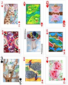 four card deck with different images of animals and birds in the middle one is playing cards