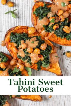 two stuffed sweet potatoes topped with spinach and chickpeas in a creamy sauce