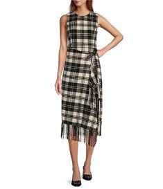 Antonio Melani Tula Plaid Print Crew Neck Sleeveless Belted Wrap Front Fringe Hem Midi Sheath Dress | Dillard's Front Fringe, Career Woman, Midi Sheath Dress, Black Long Sleeve Top, Antonio Melani, Plaid Print, Plaid Dress, Dillard's, Eras Tour