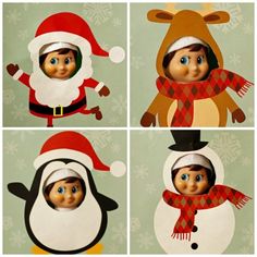 four pictures of an elf and a snowman