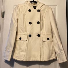 Women’s Winter Jacket. New With Tags. Never Been Worn. Color Is Ivory With Black Buttons. White Cold Weather Outerwear With Button Closure, White Outerwear For Cold Weather With Button Closure, White Outerwear With Button Closure For Cold Weather, White Button Closure Outerwear For Cold Weather, White Winter Outerwear For Work, Casual White Pea Coat For Winter, White Fitted Pea Coat For Fall, Fitted White Pea Coat For Fall, Hooded White Outerwear For Fall