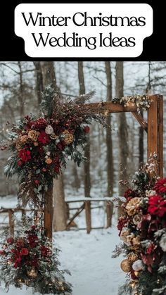 a winter wedding arch decorated with flowers and greenery