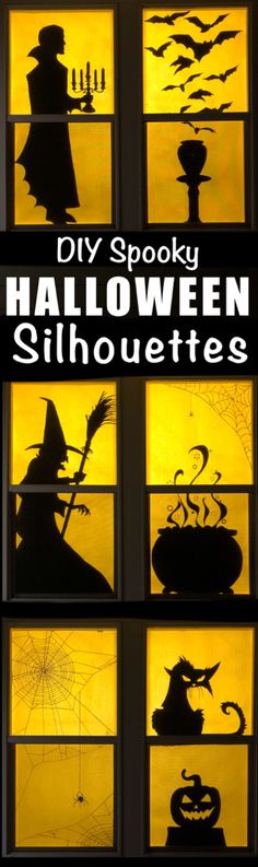 the silhouettes of witches and pumpkins are shown in this window sill with text that reads diy spooky halloween silhouettes